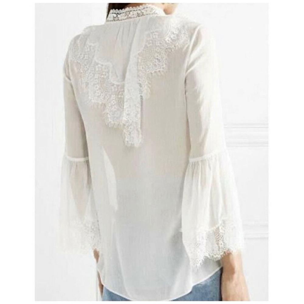 Alice + Olivia Jaden Lace Trimmed Bell Sleeve Sheer Gauze White Tunic Top Blouse - Picture 3 of 16